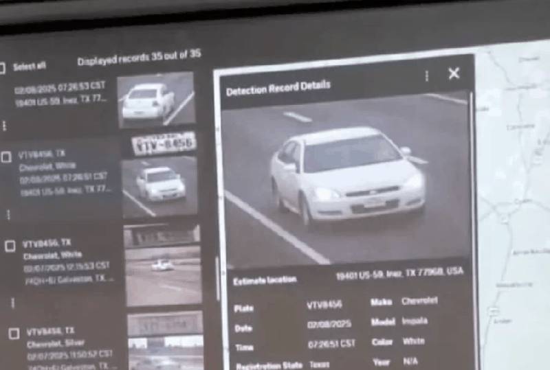 Vigilant camera detection record showing white Chevy Malibu tracked on US-59 toward Laredo