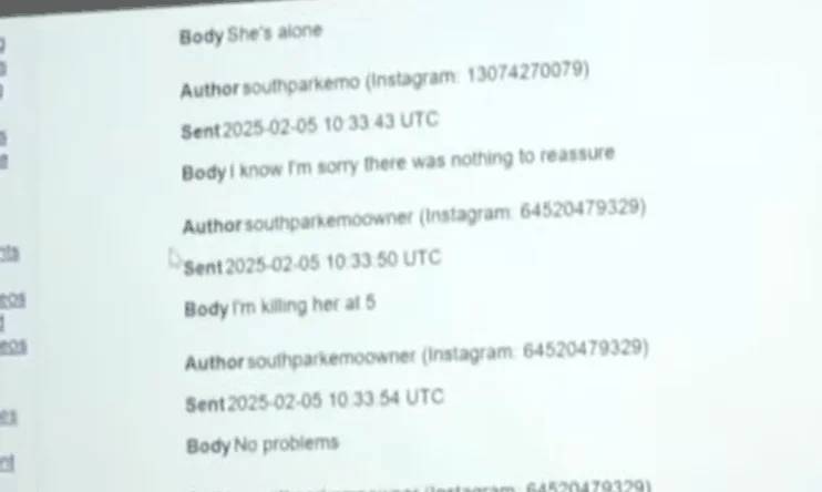 Instagram message metadata showing 'I'm killing her at 5' text