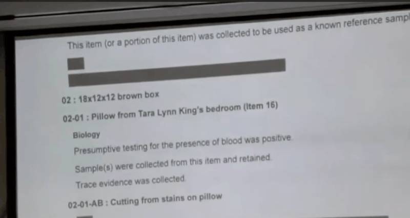 Lab report showing pillow from Tara Lynn King's bedroom tested positive for blood