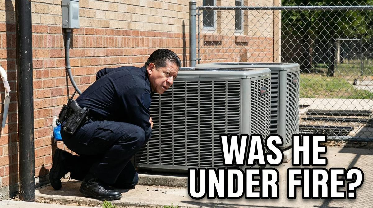 Illustration depicting Officer Gonzales crouched behind HVAC units on the south side of Robb Elementary with caption: Was He Under Fire?
