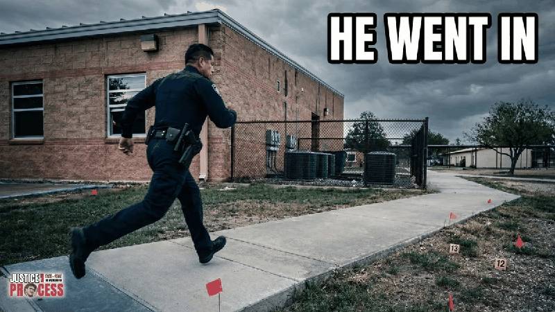 Officer running toward Robb Elementary School building - visualization of Adrian Gonzales entering the fatal funnel