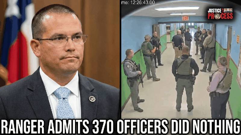 Split screen showing Texas Ranger Roberto Montaro on the witness stand next to body cam footage of officers standing in the Robb Elementary hallway