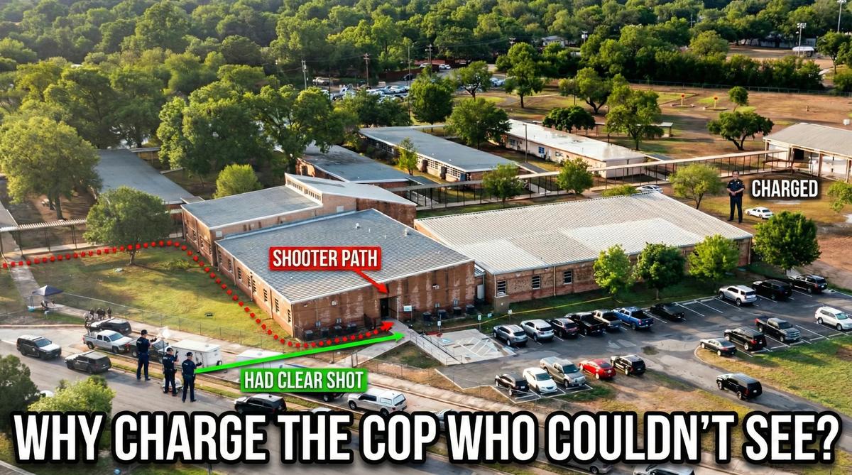 Aerial view of Robb Elementary showing officer positions - three officers with clear shot labeled 'HAD CLEAR SHOT' on west side, defendant labeled 'CHARGED' on east side with blocked line of sight