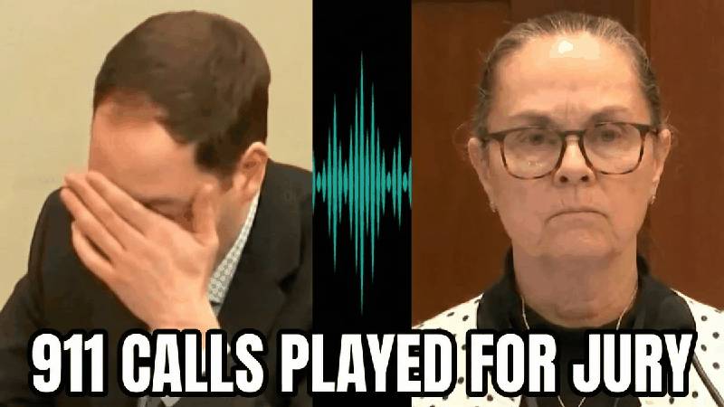 Split screen showing defendant Brendan Banfield covering his face while 911 calls are played, and witness Alicia Dale on the stand