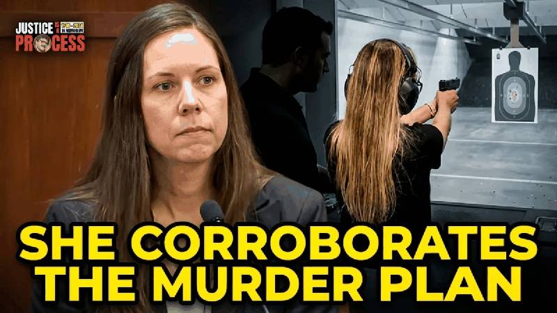 Amy Shotwell testifying with gun range training imagery