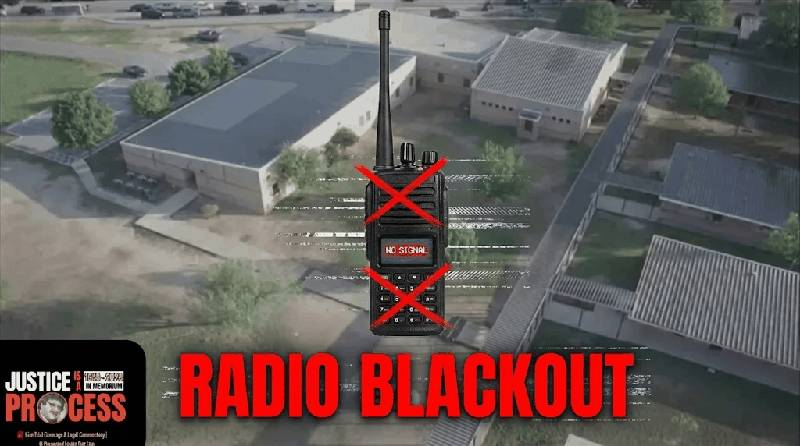 Aerial view of Robb Elementary School with police radio showing NO SIGNAL overlaid