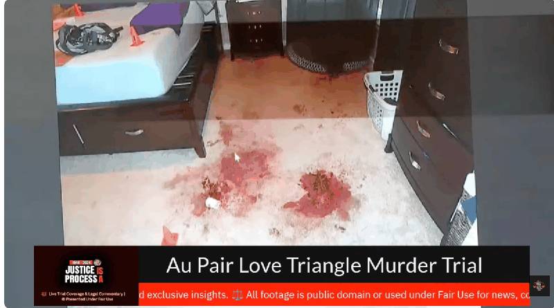 Crime scene photograph showing blood stains on carpet in the Banfield primary bedroom