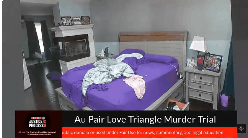 The Banfield master bedroom in October 2023, eight months after the murder. A framed photo of Brendan Banfield and Juliana Magalhães sits on the nightstand.