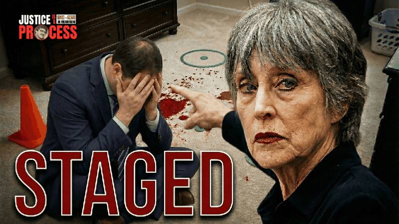 Blood spatter expert pointing at crime scene evidence while Brendan Banfield reacts