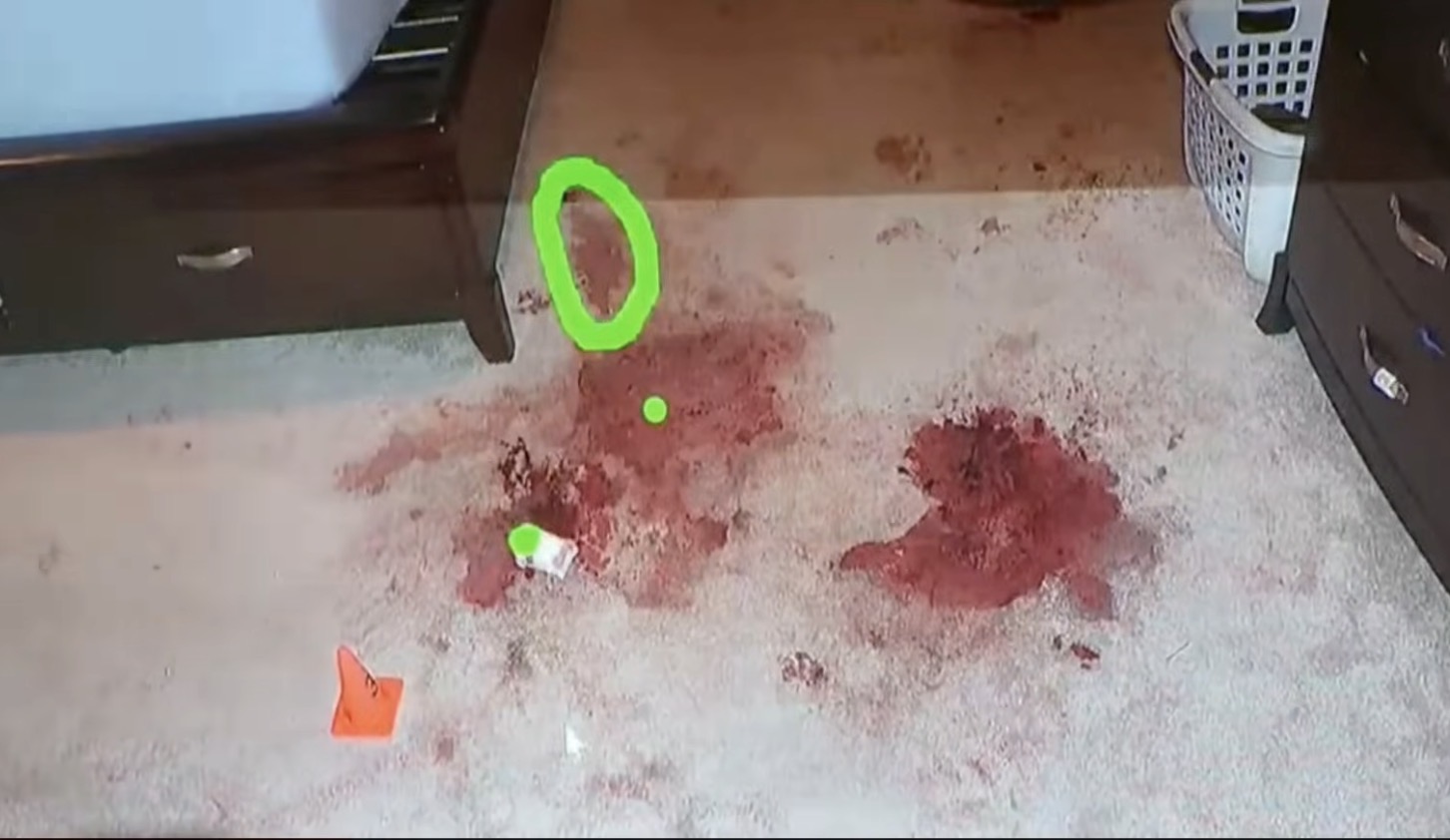 Crime scene blood evidence on carpet with expert markings